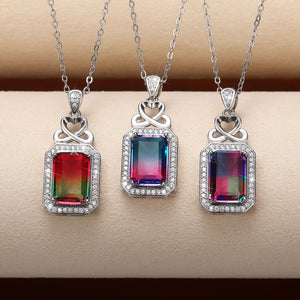 Silver Tone Gradient Rectangle Crystal Pendant Necklaces
