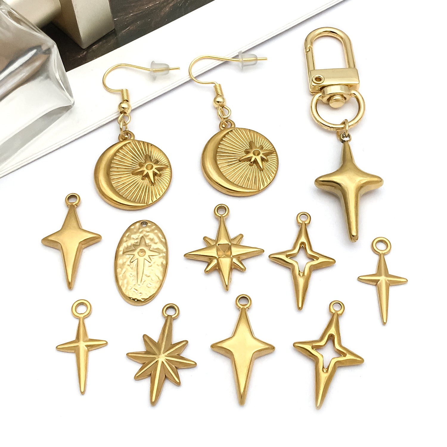 Stainless Steel Hollow Cross Four Point Star Charm Pendant for DIY Necklace Bracelet