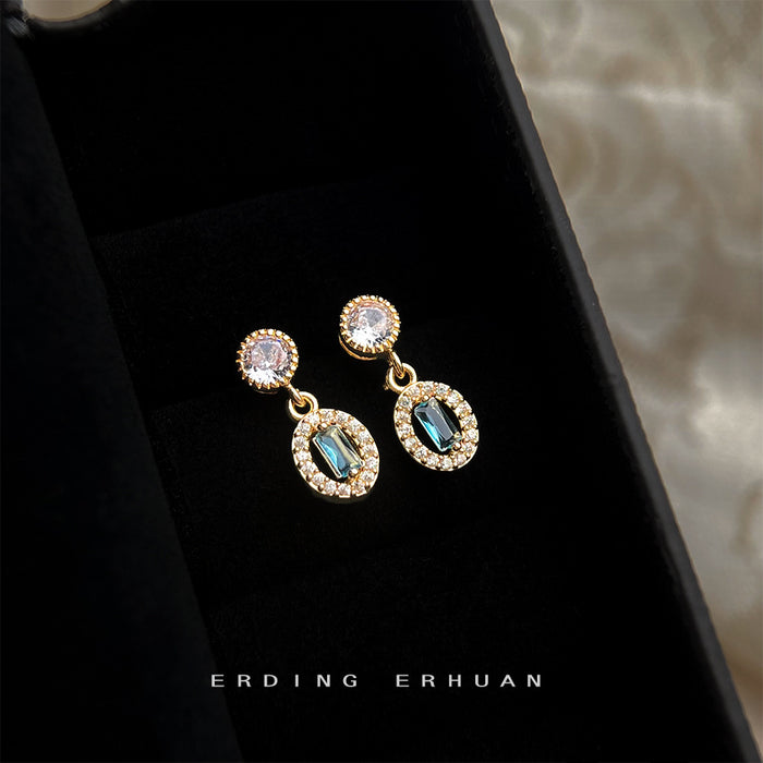 Gold Tone Aqua Stone Clear Halo Drop Stud Earrings In Two Shapes