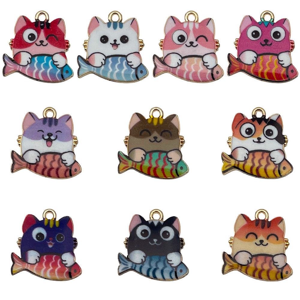 Zinc Alloy Enamel Cat Eating Fish Charm Pendant for DIY Keychain Necklace