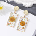 Six Design Gold Tone Geometric Resin Pressed Flower Drop Stud Earrings view 11