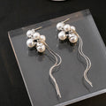 White Pearl Look Cluster and Silver Chain Tassel Earrings view 3