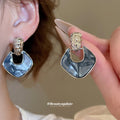 Ink Blue Fan Drop Earrings with Crystal Set Gold Tone Studs view 4
