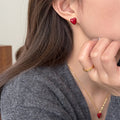 Deep Red Glossy Heart Studs Gold Chain Necklace Set view 3