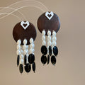 Wood Disc Pearl and Black Bead Drop Stud Earrings Statement Jewelry view 6