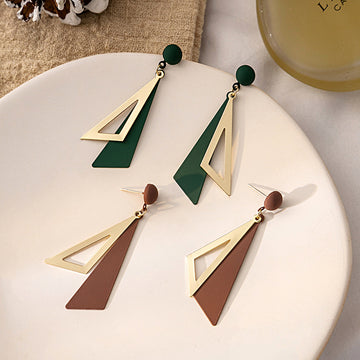 Green and Brown Layered Triangle Geometric Stud Earrings