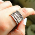 Antique Silver Tone Textured Wide Spinner Ring Polished Jewelry Accessory view 2