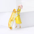 Girl Hugging Dog Enamel Metal Brooch in Yellow and Blue view 3
