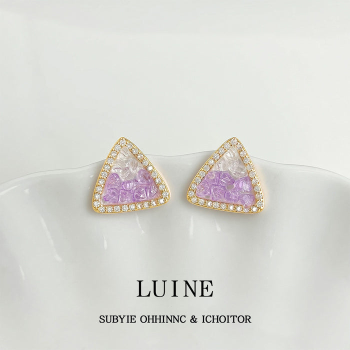 Gold-Tone Triangle Clear Lavender Glass Crystal Stud Earrings