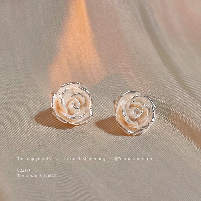 White Pearlized Rose Flower Stud Earrings Carved Bloom Design