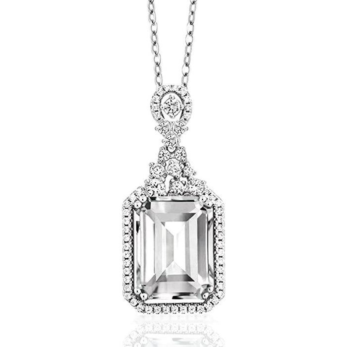 Silver Tone Rectangular Halo Pendant Necklace with Clear Stones