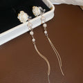 White Flower Pearl Threader Clip-On Earrings with Polished Metal Details view 6
