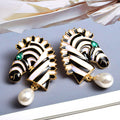 Gold Tone Zebra Head Enamel Pearl Drop Earrings Green Eye view 3
