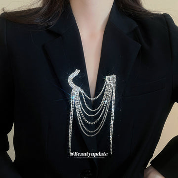 Silver Rhinestone Multi Layer Tassel Geometric Lapel Brooch