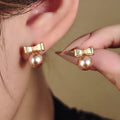 Gold Bow Champagne Pearl Look Delicate Small Stud Earrings view 1