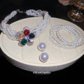 Pearl Necklace Bracelet Stud Set Multicolor Flower Pendant view 3