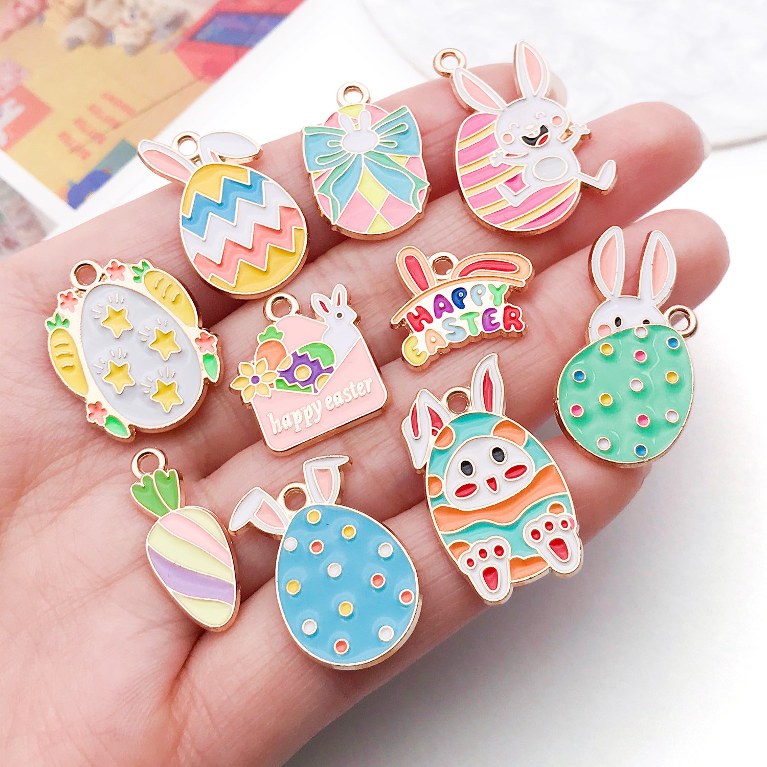 Enamel Zinc Alloy Easter Egg Rabbit Carrot Charm Pendants for DIY Keychains Phone Straps