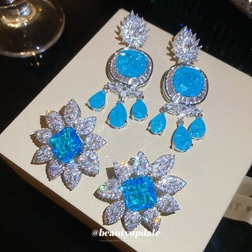 Blue Crystal Floral Chandelier Earrings in Two Designs