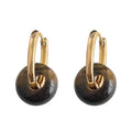 Gold Huggie Hoop Earrings Brown Tiger Eye Donut Stone view 5