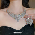 Silver Crystal Leaf Statement Necklace Chandelier Earring Set view 2