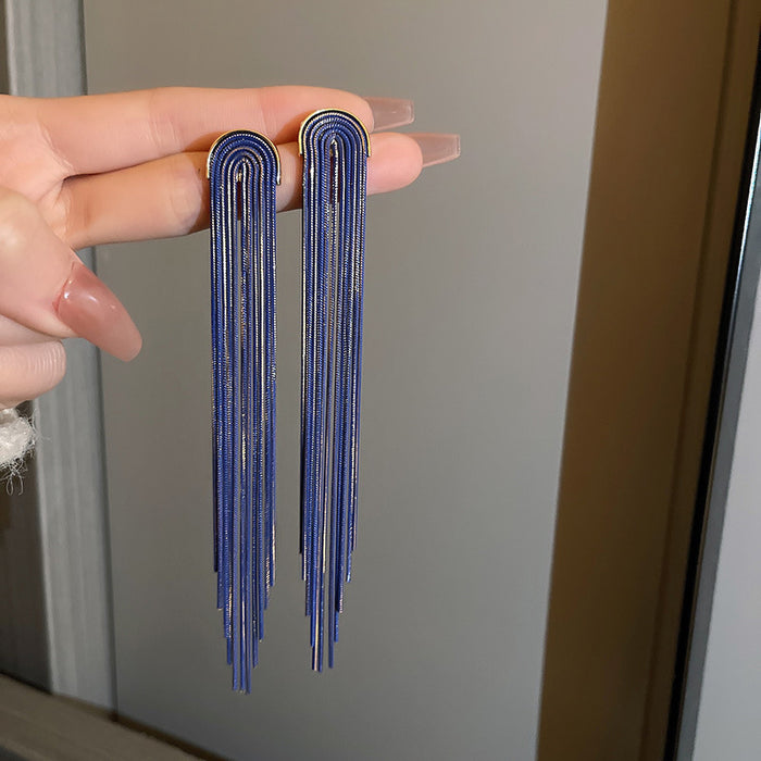 Blue Multi Chain Linear Tassel Earrings Polished Metal Jewelry