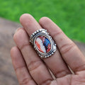 Antique Silver Floral Beaded Oval Cabochon Finger Ring view 2