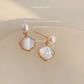 White Pearl Top And Gold Edged Shell Shape Drop Stud Earrings view 6