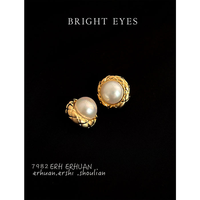 Gold Tone Round Openwork Pearl Stud Earrings With Textured Frame