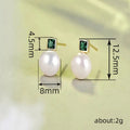 Gold Tone Square Green Stone Pearl Stud Earrings Pair view 4