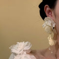 Ivory Fabric Flower Crystal Tassel Earrings With Gold-Tone Settings view 4
