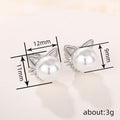 Cat Ear Faux Pearl Stud Earrings Silver Gold Tone CZ Accents view 4