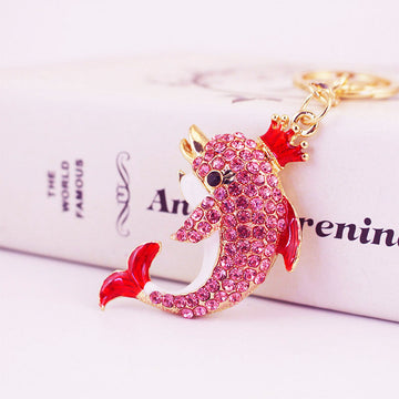 Crowned Rhinestone Dolphin Keychain With Split Ring And Lobster Clasp