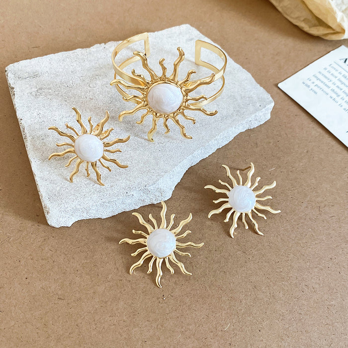 Gold Sunburst Enamel Open Cuff Bracelet Ring Stud Earring Sets