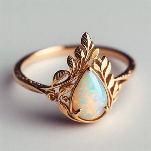 Iridescent Teardrop Leaf Ring in Antiqued Copper Tone