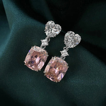 Heart And Cushion Two-Tier Drop Earrings In Three Stone Colors