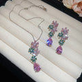 Silver Pink Green Zircon Flower Teardrop Necklace Earring Set view 1