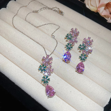 Silver Pink Green Zircon Flower Teardrop Necklace Earring Set