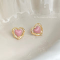 Gold Wavy Open Heart Frame Pink Enamel Heart Stud Earrings view 3