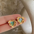 Gold Tone Heart Frame Iridescent Shell Butterfly Stud Earrings view 1
