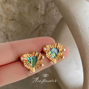 Gold Tone Heart Frame Iridescent Shell Butterfly Stud Earrings