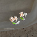 Silver Asymmetric Pink Tulip Cats Eye Stud Earrings view 1