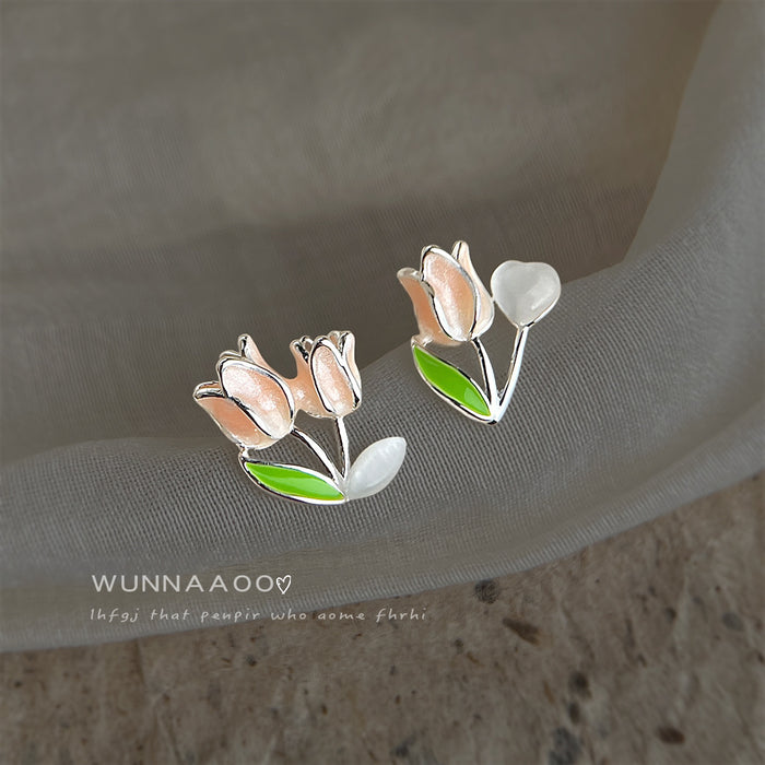 Silver Asymmetric Pink Tulip Cats Eye Stud Earrings