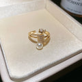 Gold Open Geometric Pearl And Pave Clear Stone Ring view 6