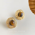 Gold Ripple Disc Stud Earrings Round Tiger Eye Cabochon view 4