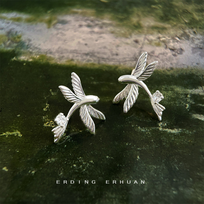 Silver Flying Fish Clear Stone Stud Earrings Pair Set