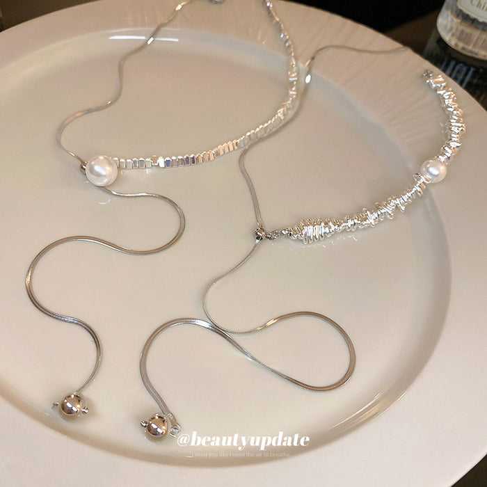 Silver Chip Pearl Adjustable Lariat Necklace Two Styles