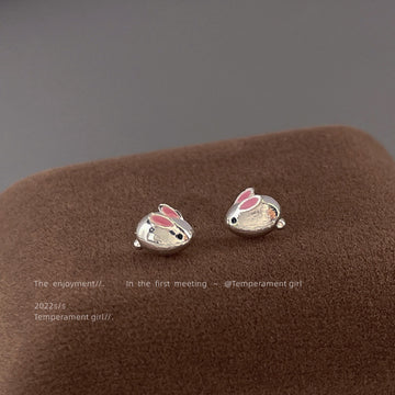 Silver Mini Rabbit Stud Earrings Pink Enamel Inner Ears