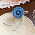 Denim Rose Flower Hair Clips Pearl Tassel Two Blues view 6