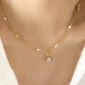 Gold Star Triangle Zircon Pendant Necklace Pearl Chain Accents view 6