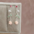 Pink Rosebud Pearl And Leaf Drop Earrings Fashion Jewelry view 6